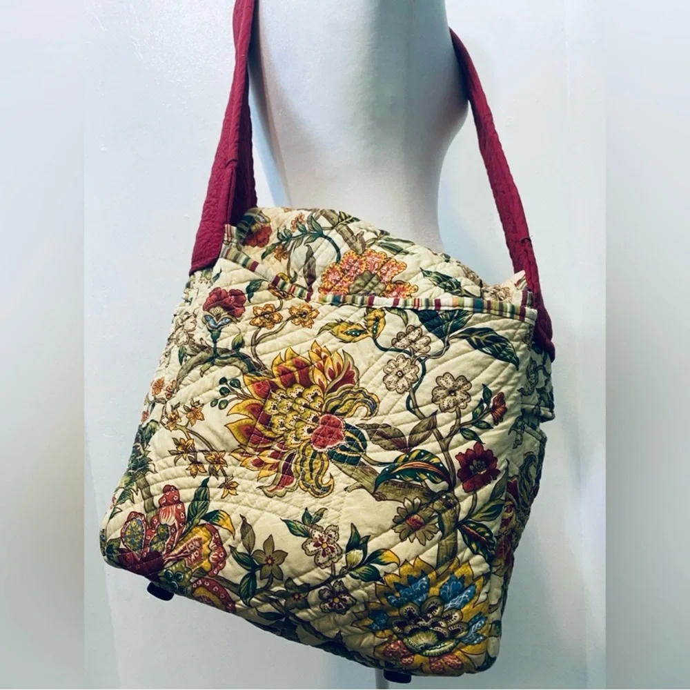 Large Handmade Boho Cream and green quilted bag with gorgeous botanical print.